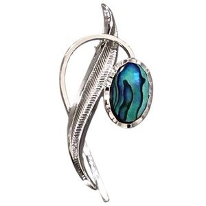 Paua Abalone Brooch Abstract Flower Feather Fern Leaf Blue Silver Tone Jewelry